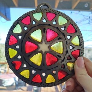 1970s Metal & Stained Glass Trivet & Suncatcher